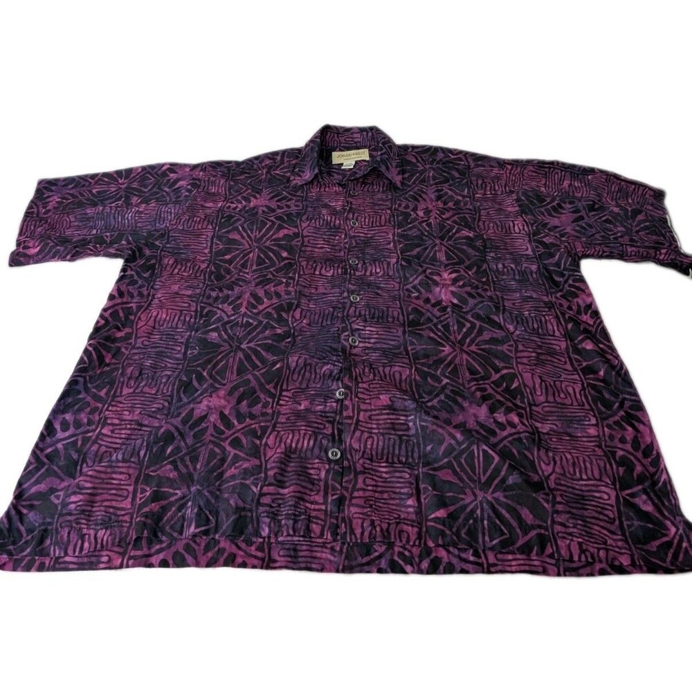 Johari West Mens 3XL Purple Black Batik Cotton Short Sleeve Button Down Shirt